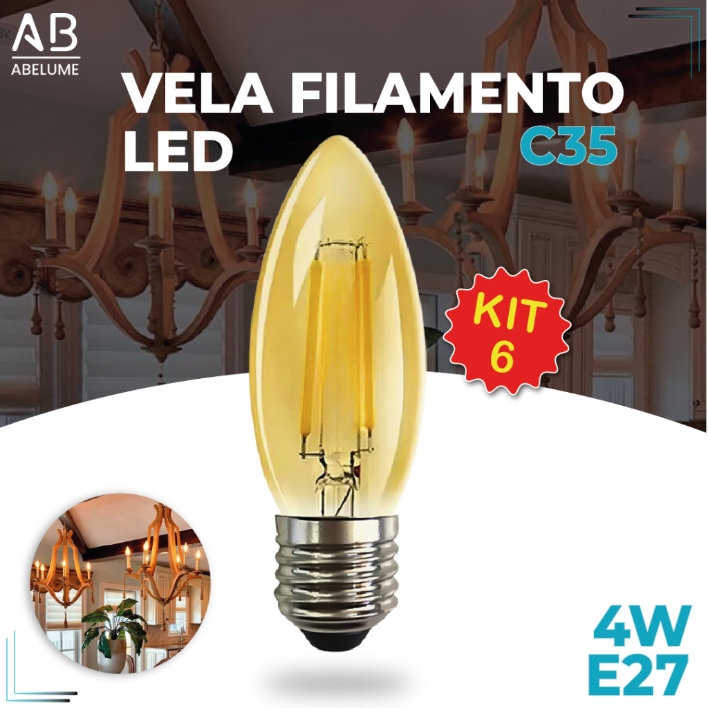 Kit 6 Lâmpada Filamento Vela Led E27 Luz Quente C35 4W Amba Retro Vintage 2200K 110V-220V Bivolt