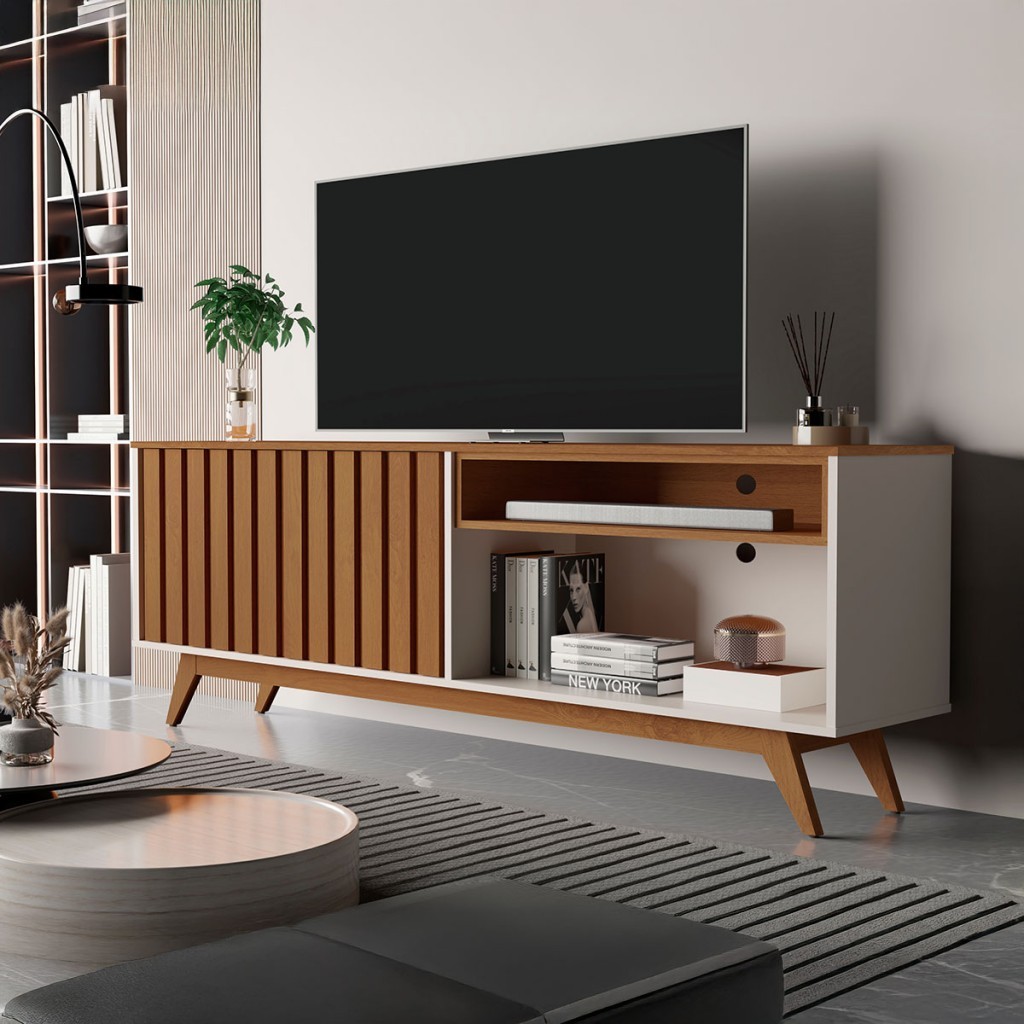 Rack para TV Até 65 Polegadas Lancaster 2 Portas Ripado Off White/Freijó - Pnr Móveis em Oferta na Shopee