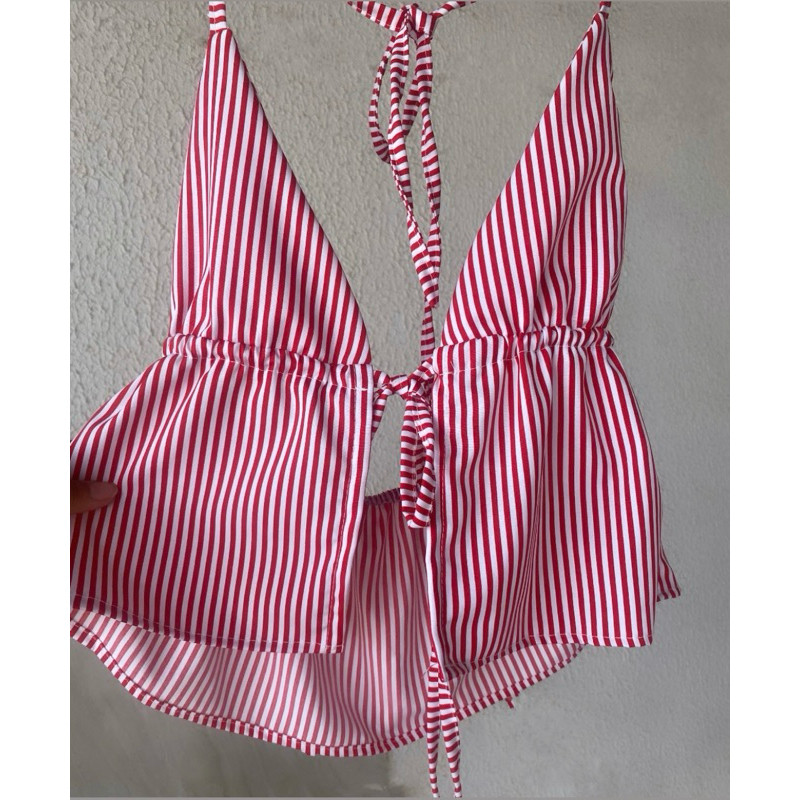 Bata Feminina Regata  Casual Listrada com Pescoço em Halter e Amarração Nas Costas Cropeed em Oferta na Shopee