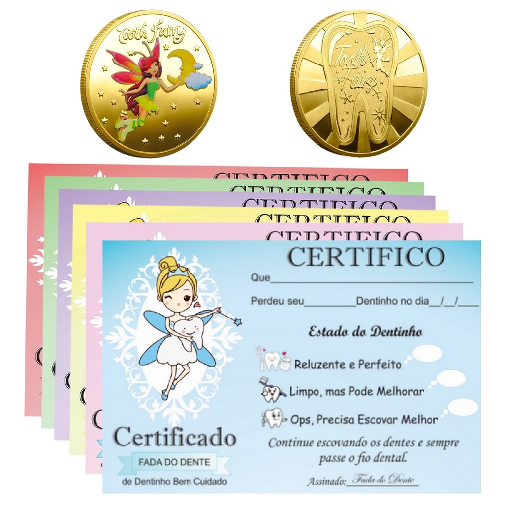1 Moeda Fada Do Dente Leite Tooth Fairy + 1 Certificado Dentinho Bebe Baby Colorida mod06