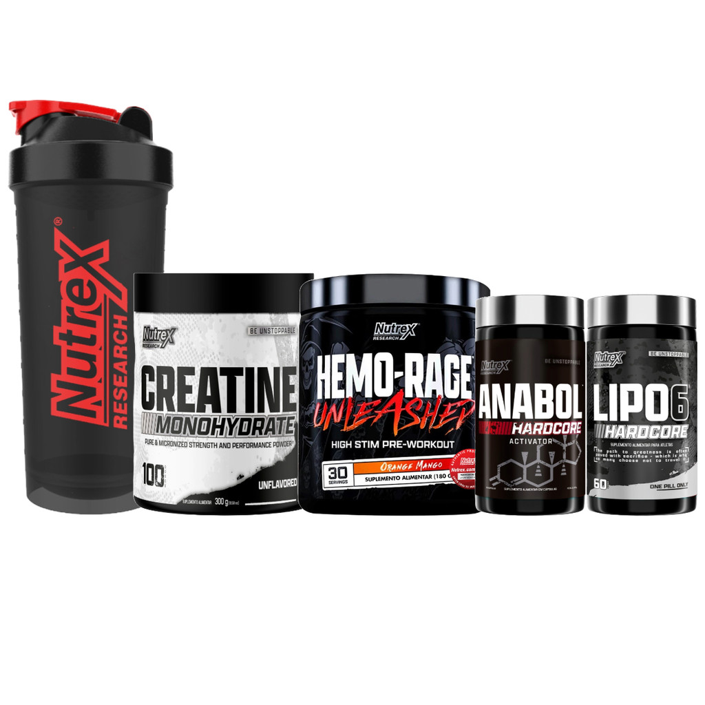 Kit Completo Hemo-Rage 180g + Creatina 300g + Lipo 6 + Anabol Hardcore + Coqueteleira Nutrex Research Potencial Máximo