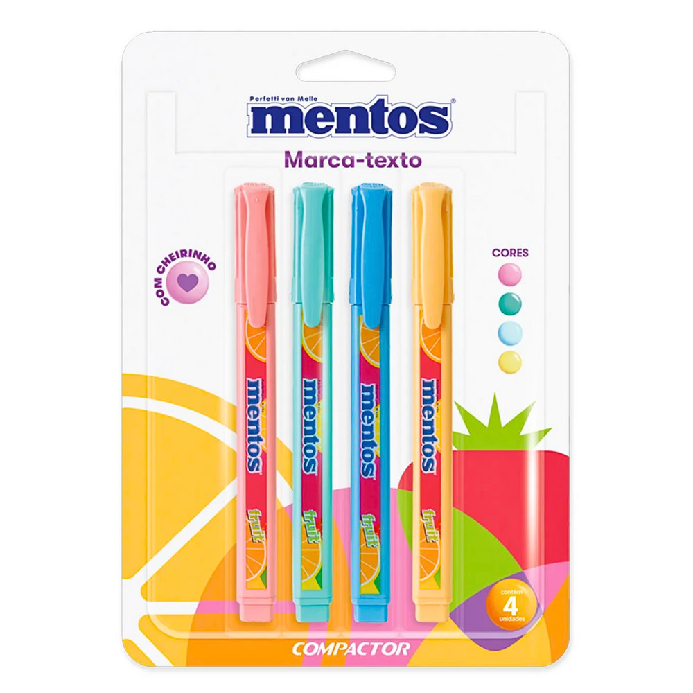 Kit Caneta Esferográfica Jet Lux Mentos + Marca Texto Mentos Com Cheirinho Destaq 4 Cores Pastel
