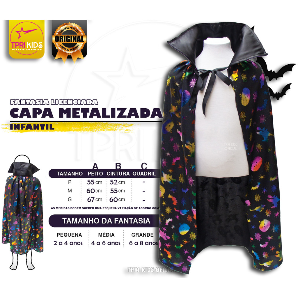Fantasia Infantil Menino Capa Metalizada Festa Temática Carnaval Luxo Drácula Morcego Halloween Top