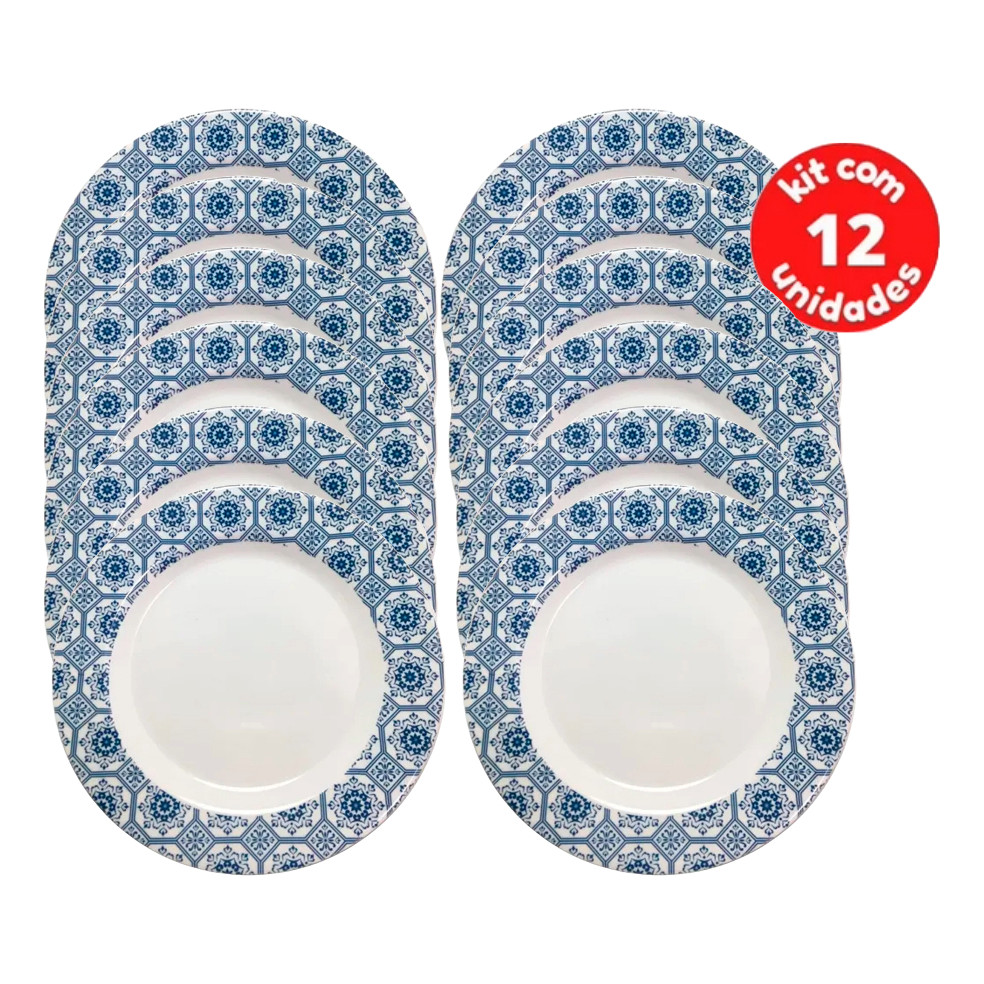 Kit 12 Pratos Rasos Decorados 25cm em Melamina Refeição Festa Cozinha Louça Plástica Resistente em Oferta na Shopee