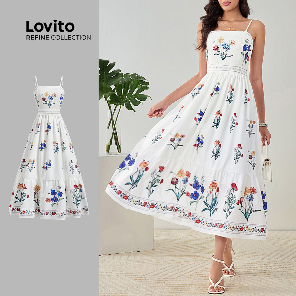 (Lovito Refine) Vestido Elegante Floral Smocked Vestido De Verão/Primavera Para Mulheres LR4LD048 - Women Clothes