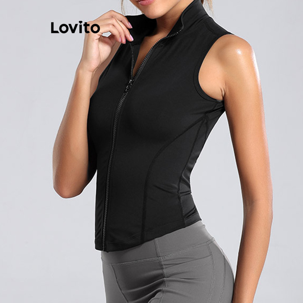 (Trendy) Lovito Tanque Esportivo Com Zíper Estrutura Linha Esportes Verão/Primavera Tanque Para Mulheres LNL91086