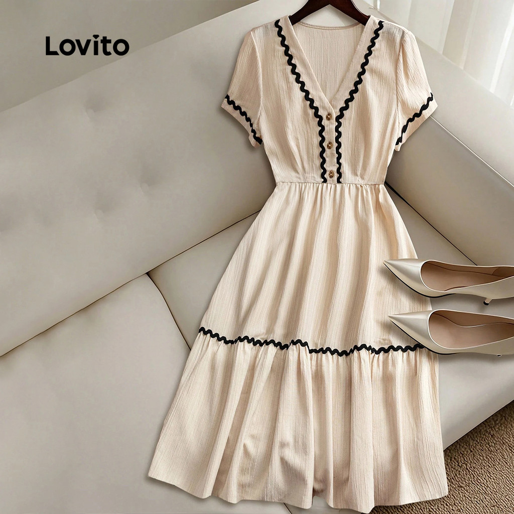 (Trendy) Lovito Vestido Boho Contraste Botão Jacquard Primavera/Verão Vestido Damasco Para Mulheres L134ED1072 - Women Clothes