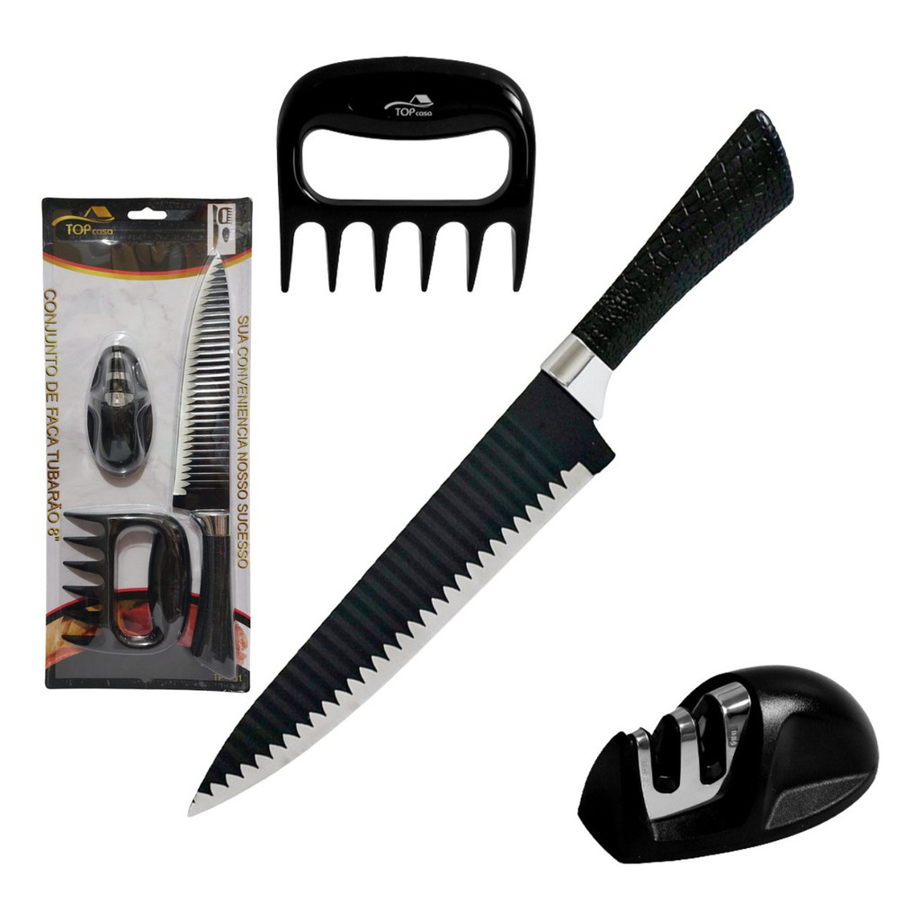 Kit De Faca Tubarão 8  + Garra De Urso + Amolador Top Casa Preto