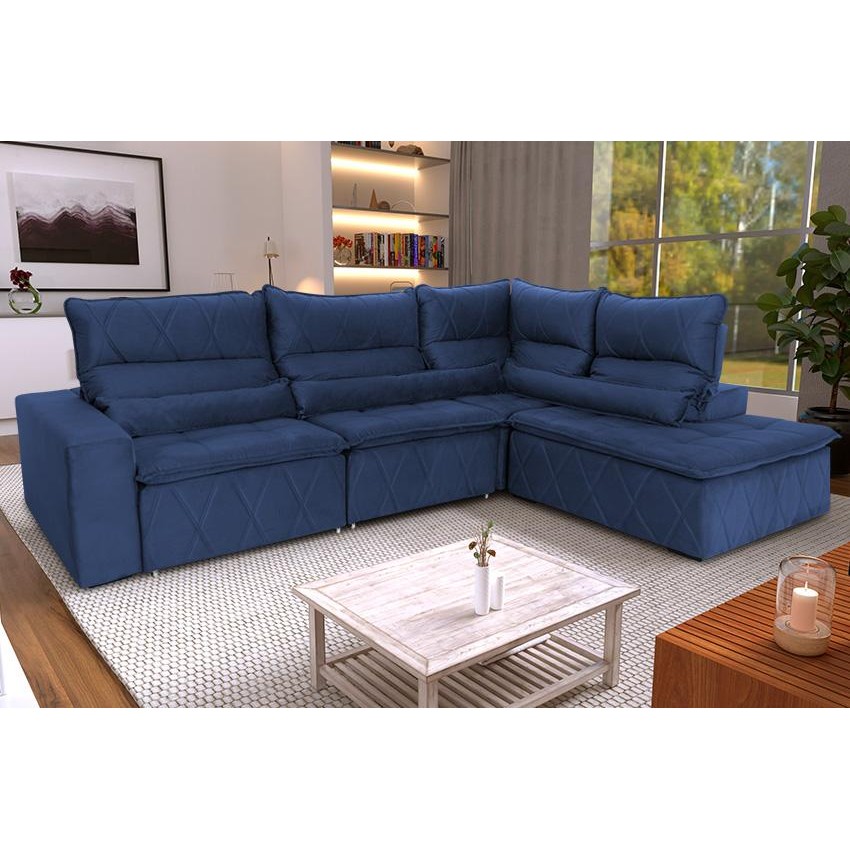 Sofá De Canto Amsterdam Azul Molas Retrátil Reclinável - King House em Oferta na Shopee
