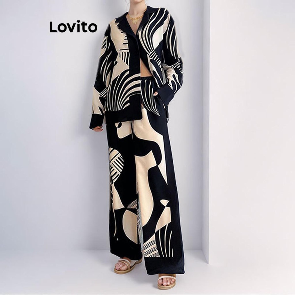 Lovito Conjuntos De Calças Casuais Conjuntos De Calças Com Botões Geométricos Para Mulheres LNL61330 em Oferta na Shopee