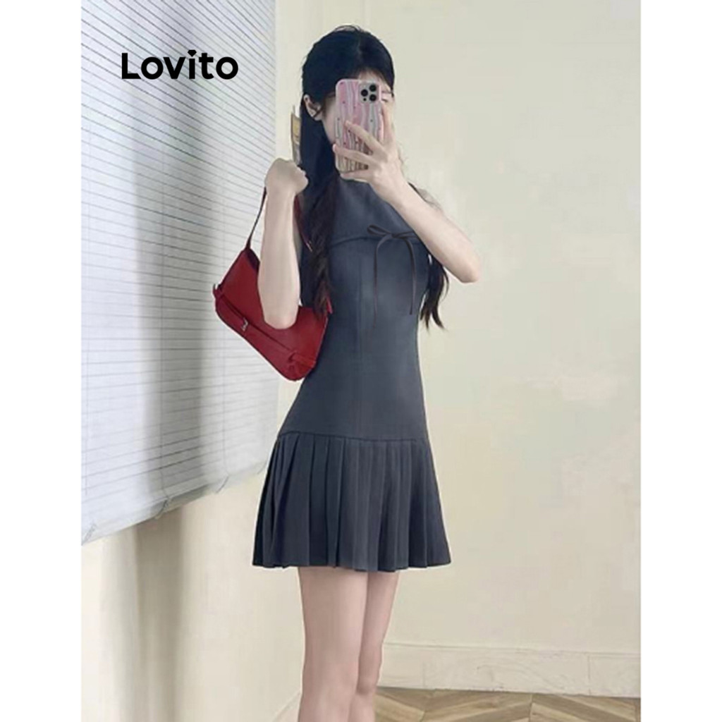 (Trendy) Lovito Vestido Casual Vestido Liso Com Laço Para Mulheres LNA71500 em Oferta na Shopee