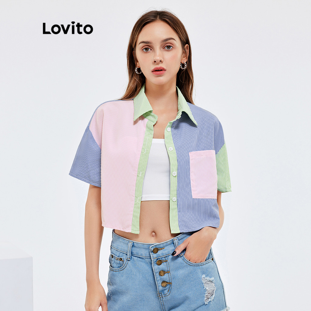 Lovito Casual Blusa Listrada Cropped Cor Sólida com Bolso L25AD041 (Multicolorido)