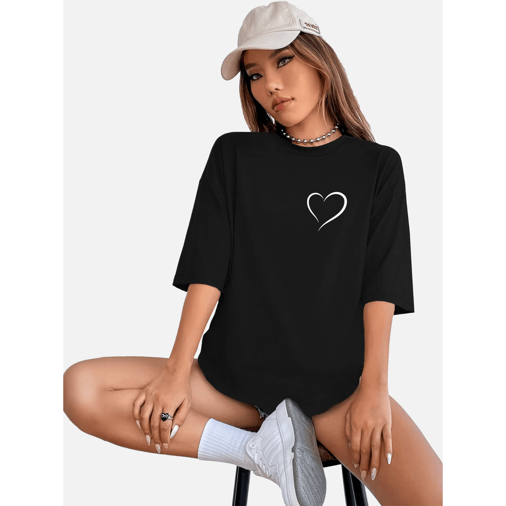 Camiseta oversized feminina T-shirt 100% algodão ombro caido estampa coração Lançamento