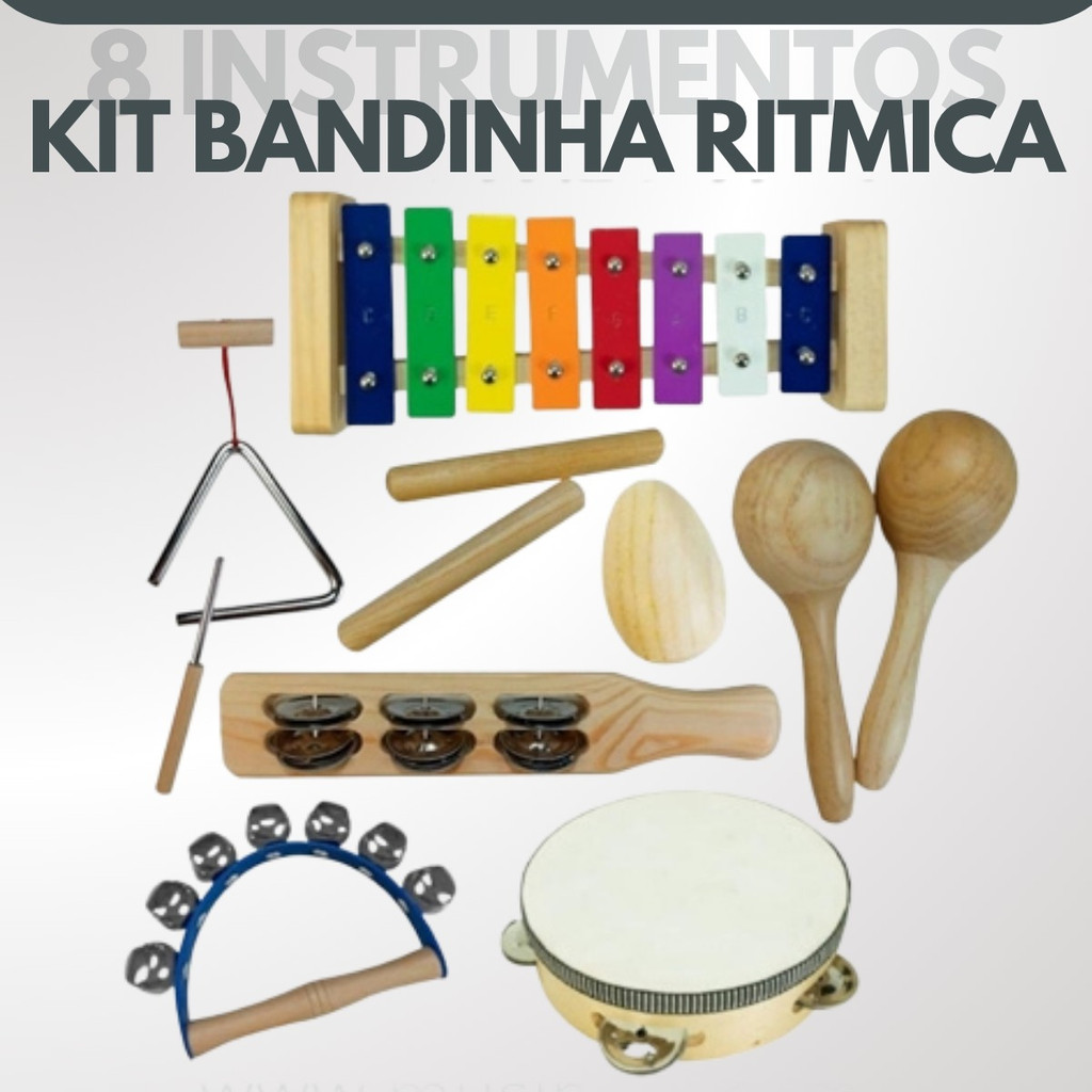 Kit Bandinha 8 Instrumentos Turbinho Br7 Xilofone  Tamborim Ganza Triangulo Maraca Clave Egg Campanela