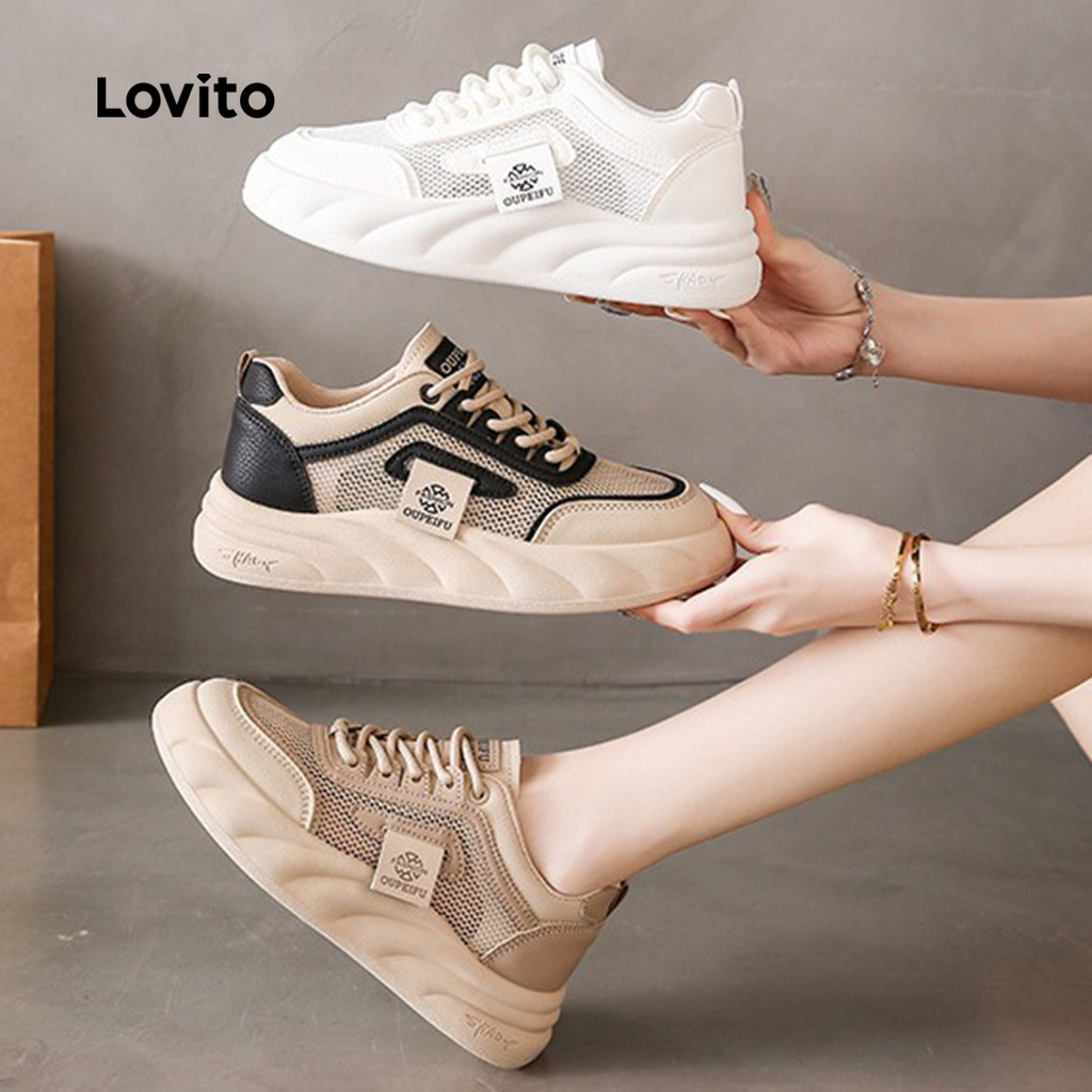 Lovito Tênis Casuais Color Block com Sola Grossa Todos Os Momentos Tênis Pretos para mulheres LFA85019 - Women Shoes