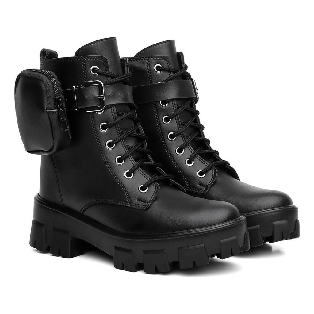 Bota Coturno Feminina Casual Tratorada Com Bag Bolsinha