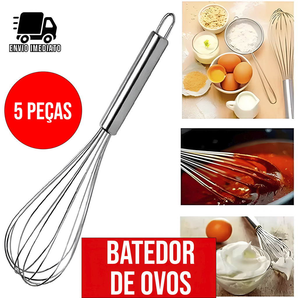 Kit 5 Batedor de Ovos Fouet Inox Batedor de Alta Qualidade Antiaderente e Ideal para Cozinha
