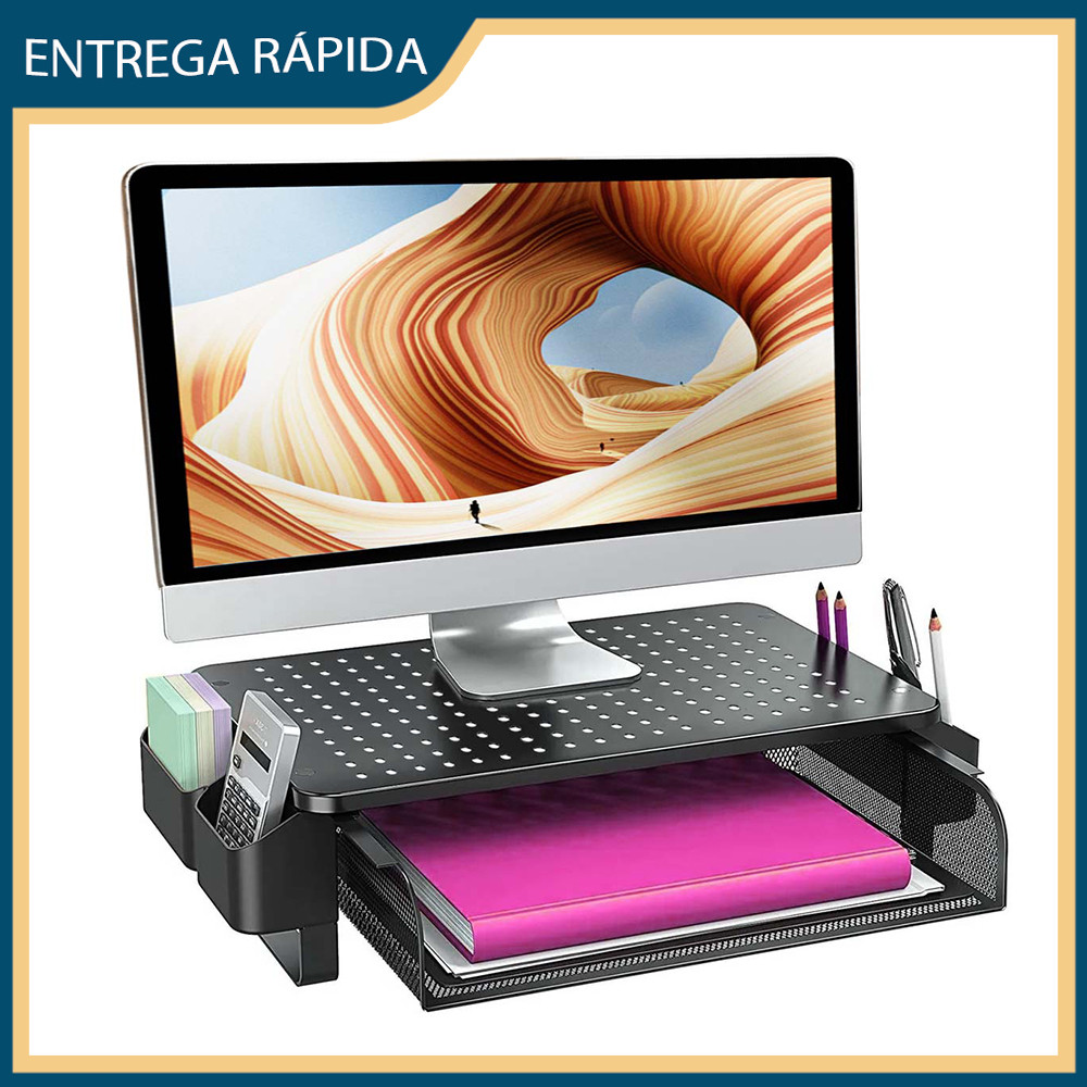 Suporte elevatório de metal com gavetas e calhas laterais Suporte elevatório de arrefecimento do monitor do computador