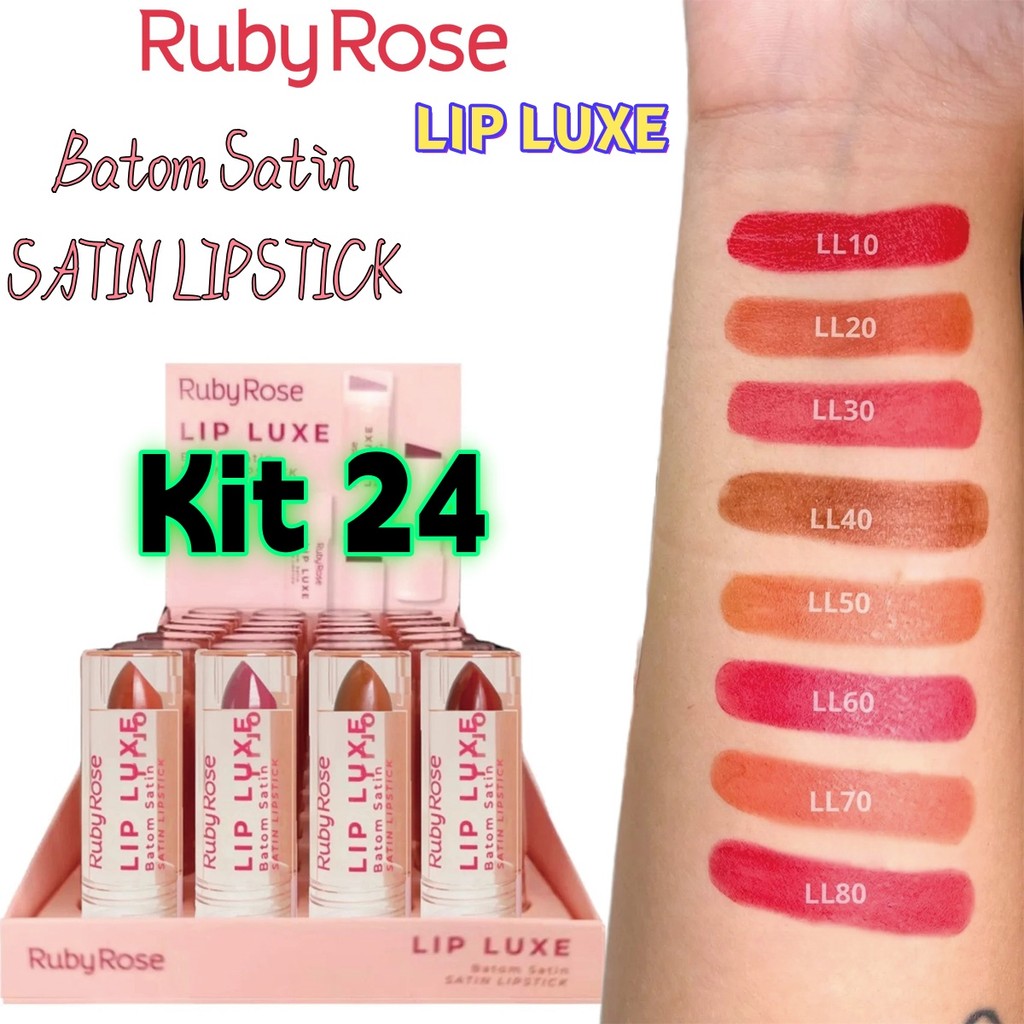 Caixa com 24 Batons Satin Lip Luxe Ruby Rose | 6 Unidades de Cada Cor