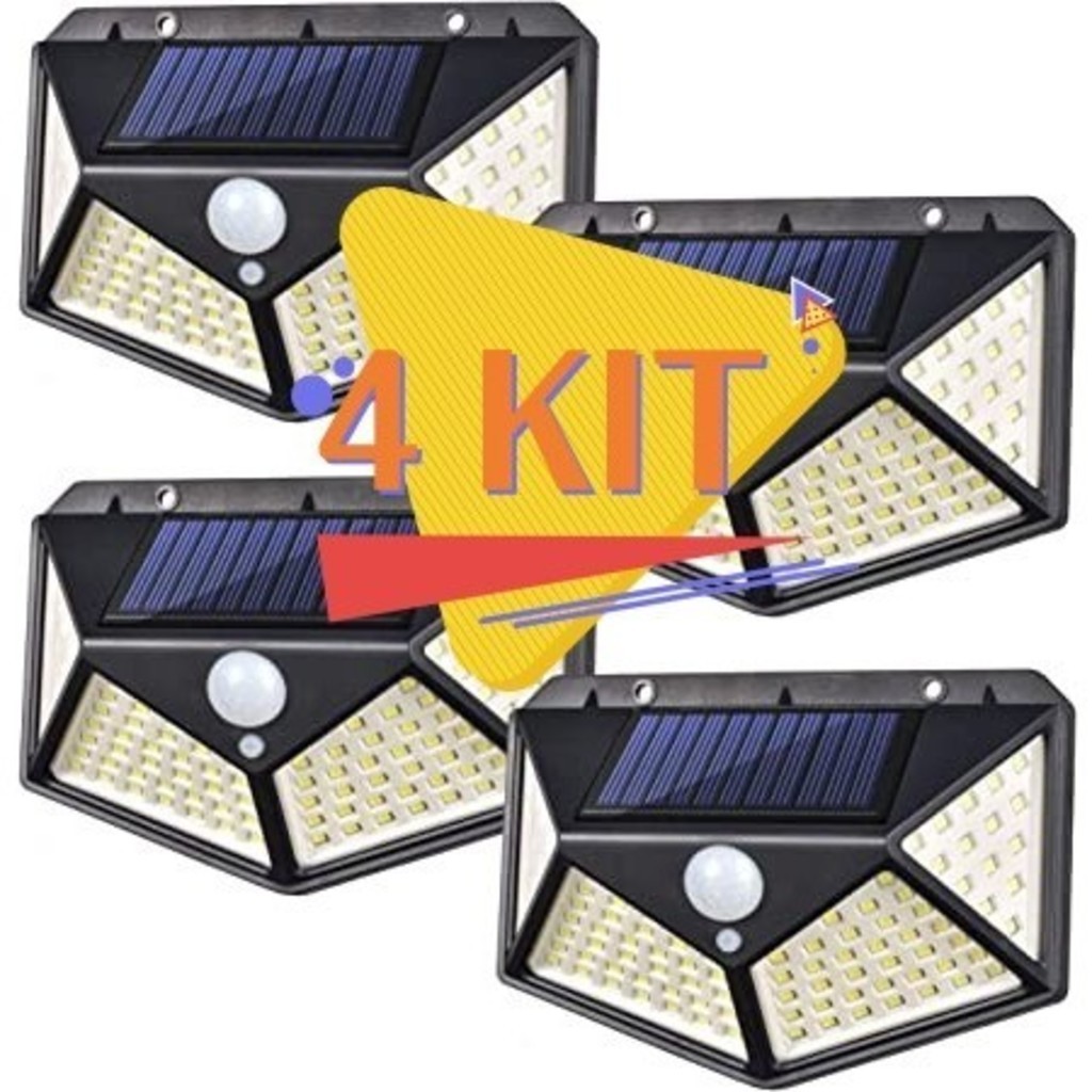 KIT com 4 Luminária Solar 100 Led Com Sensor Jardim Prova D'Água Led Solar em Oferta na Shopee