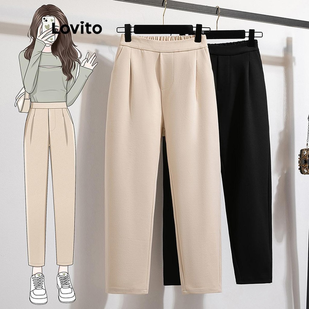 Lovito Calça plus size curva casual lisa para mulheres LNM65004 - Women Clothes