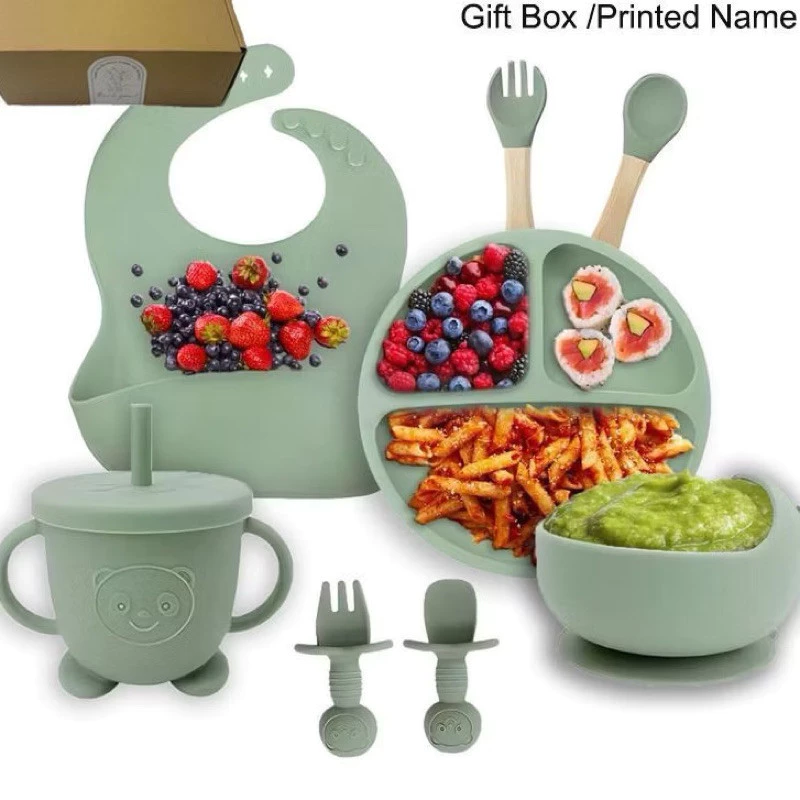 kit 6 pcs / 8 Peças Talheres alimentação bebê silicone kit Talheres Infantil Com Ventosa Canudo Colher Babador Garfo