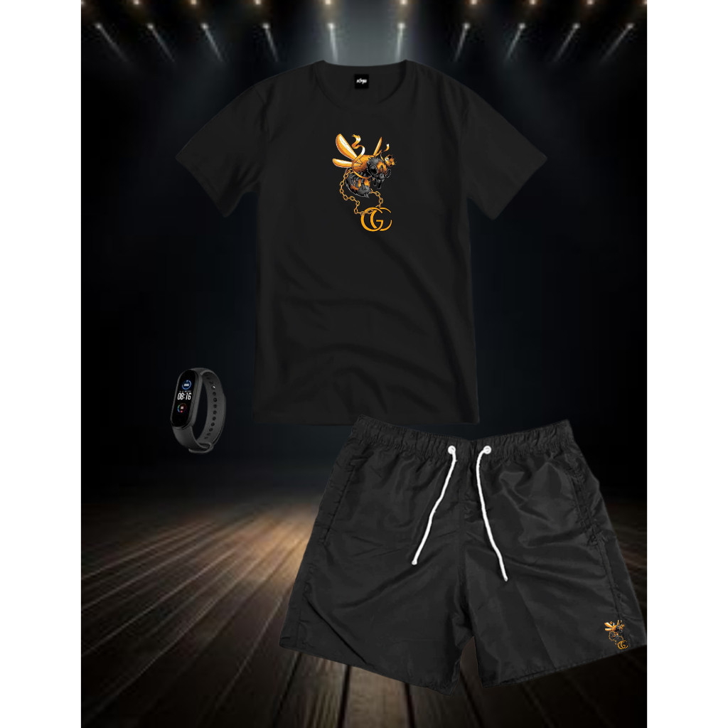 Conjunto Kit Masculino GC Camisa 100% Algodão + Bermuda Tactel Estampada + Relogio Digital