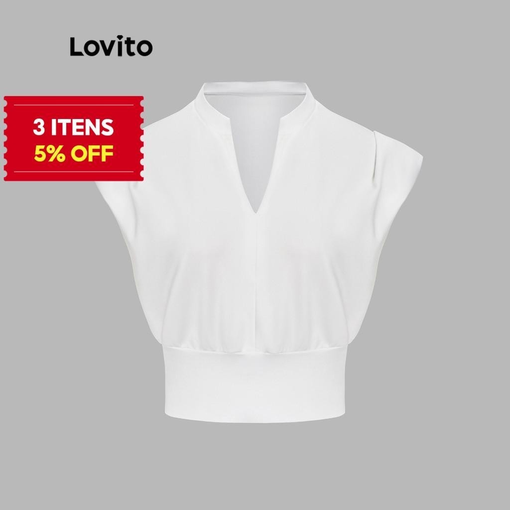 (Trendy) Lovito Regata Casual Lisa Plissada Com Decote Em V Sem Mangas Para Mulheres L53AD013 (Multicolorido) em Oferta na Shopee