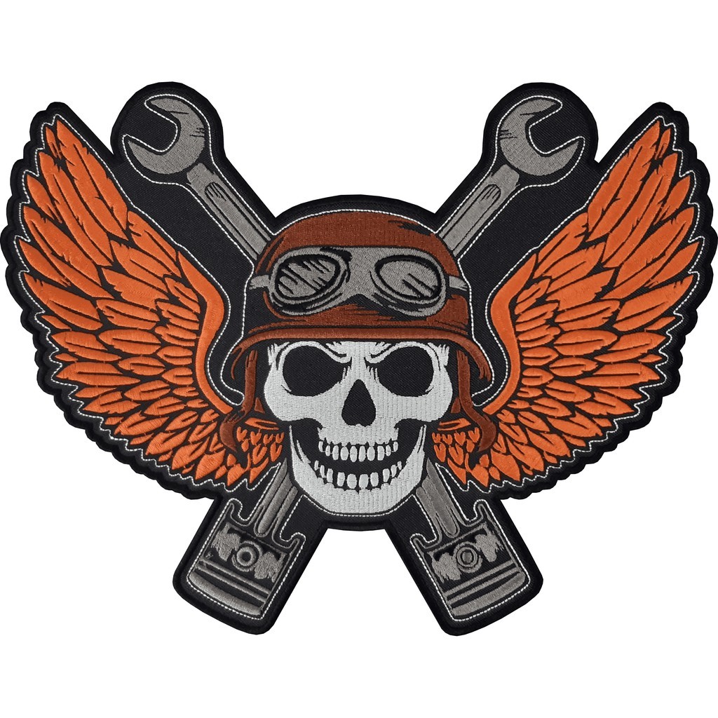 Patch Bordado Caveira Piloto Laranja Skull Motociclista 30x23 Cav8