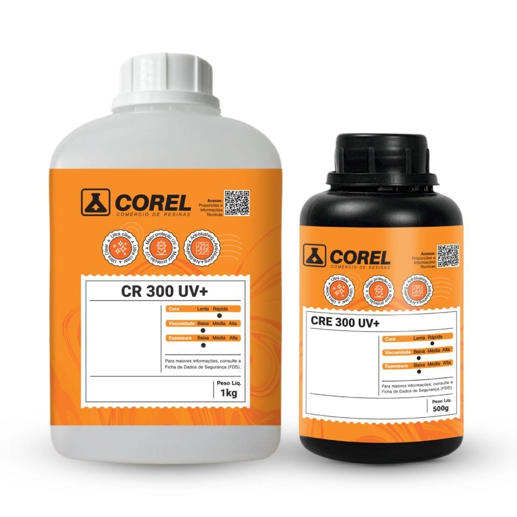 Kit Resina Epóxi CR 300 UV+ Artesanato Baixa Viscosidade e Espessura (1 kg + 500 g)