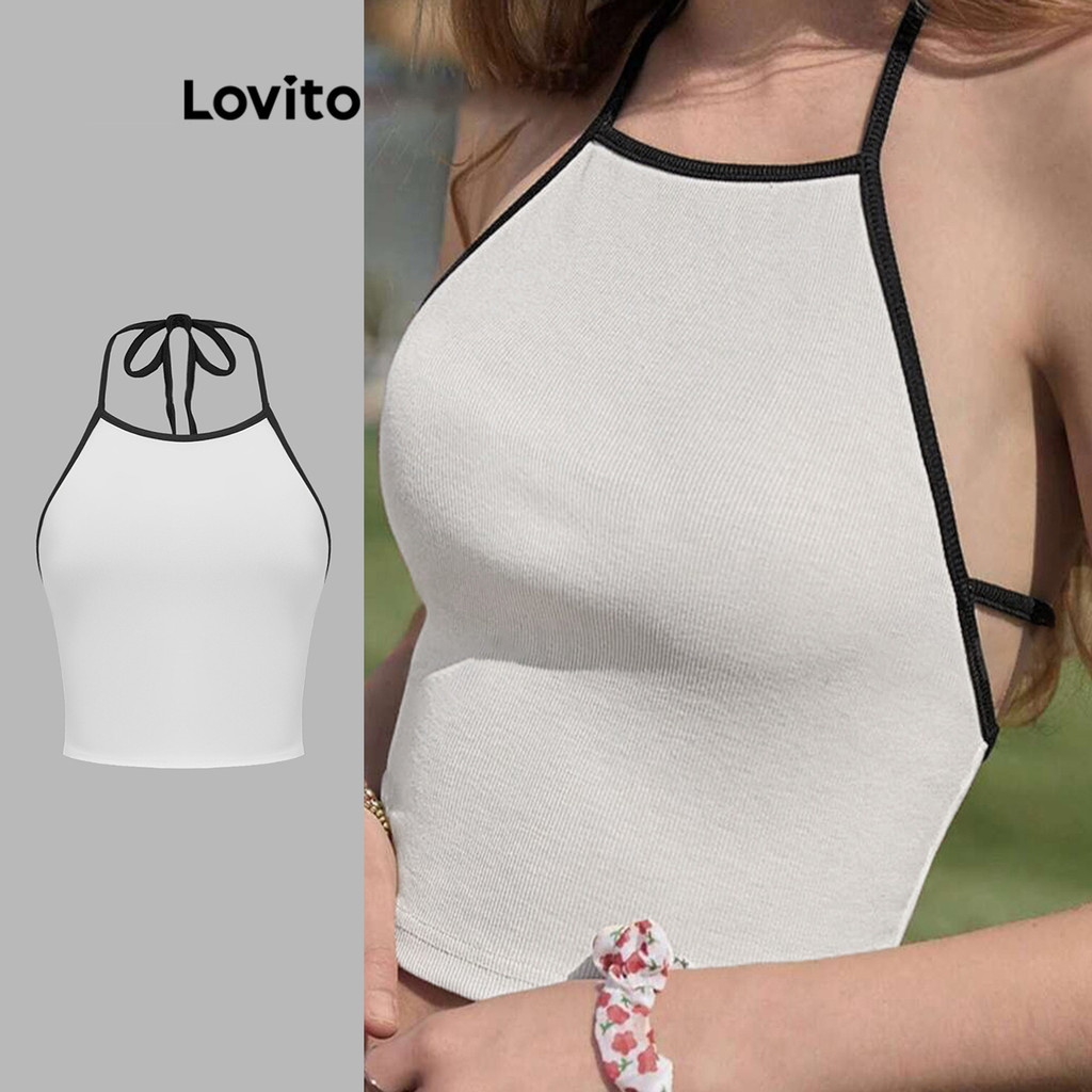 Lovito Casual Plain Contraste Ligação Regata Básica para Mulheres L L117ADD059 - Women Clothes