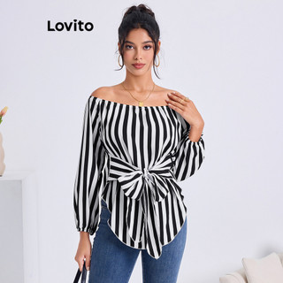 Lovito Blusa casual listrada com renda para mulheres LNL58345 em Oferta na Shopee