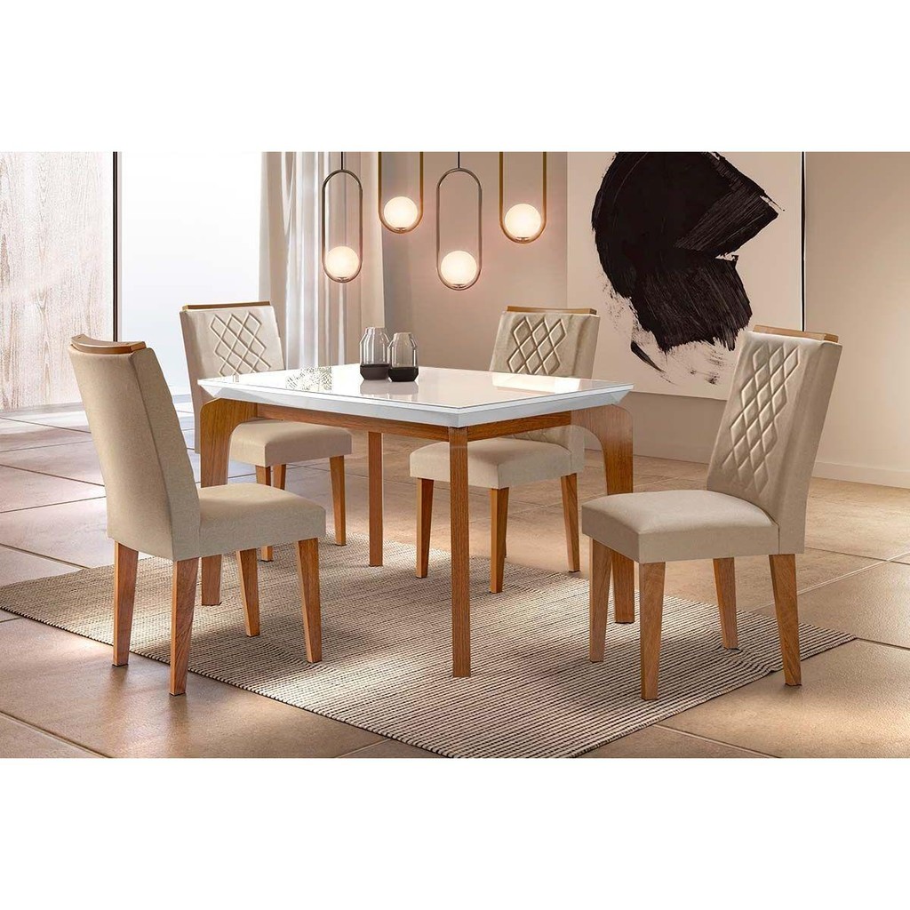Conjunto: Mesa Sala Jantar Londrina c/ Tampo Madeirado c/ Vidro 120cm + 4 Cadeiras Jade Imbuia/Veludo Creme - Rufato em Oferta na Shopee
