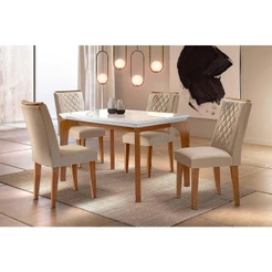 Conjunto: Mesa Sala Jantar Londrina c/ Tampo Madeirado c/ Vidro 120cm + 4 Cadeiras Jade Imbuia/Veludo Creme - Rufato