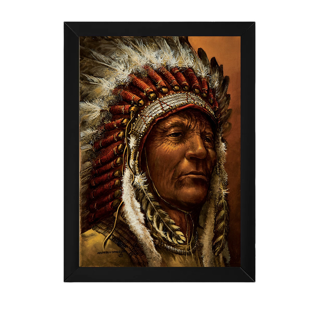 Quadro xamanismo índio com cocar 33x24cm com Moldura e Vidro