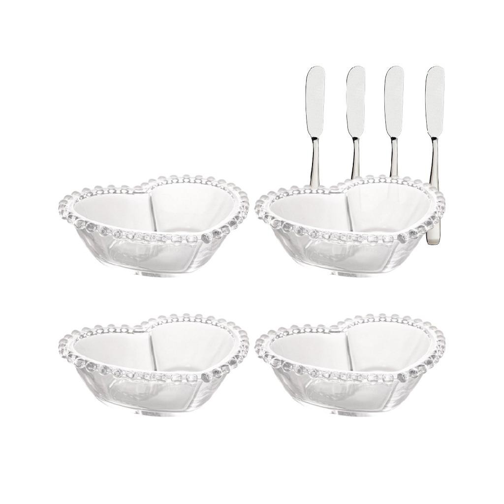 Bowls Formato Coração Pearl De Cristal + 4 Espátulas Inox Petiscos Lanche