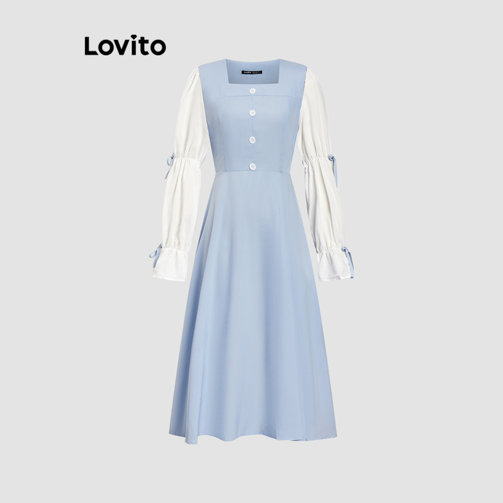 Lovito Vestido Casual Liso Com Costura Em Tecido De Botão Vestido De Verão/Primavera Para Mulheres LNE24201 (Azul) - Women Clothes