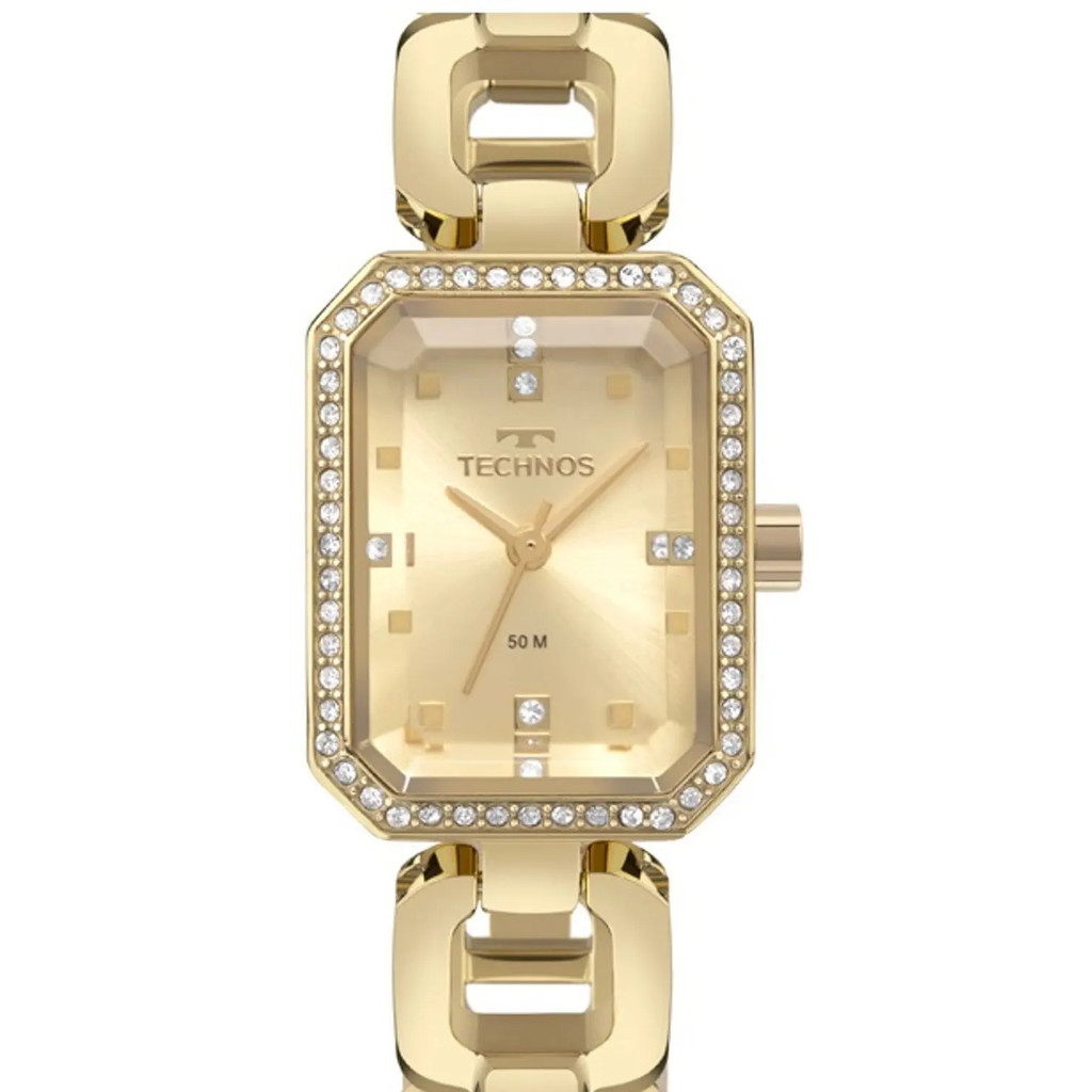 Relogio Technos feminino dourado quadrado pequeno cravejado sofisticado luxo moderno pulseira elos 2036MTF/1D original