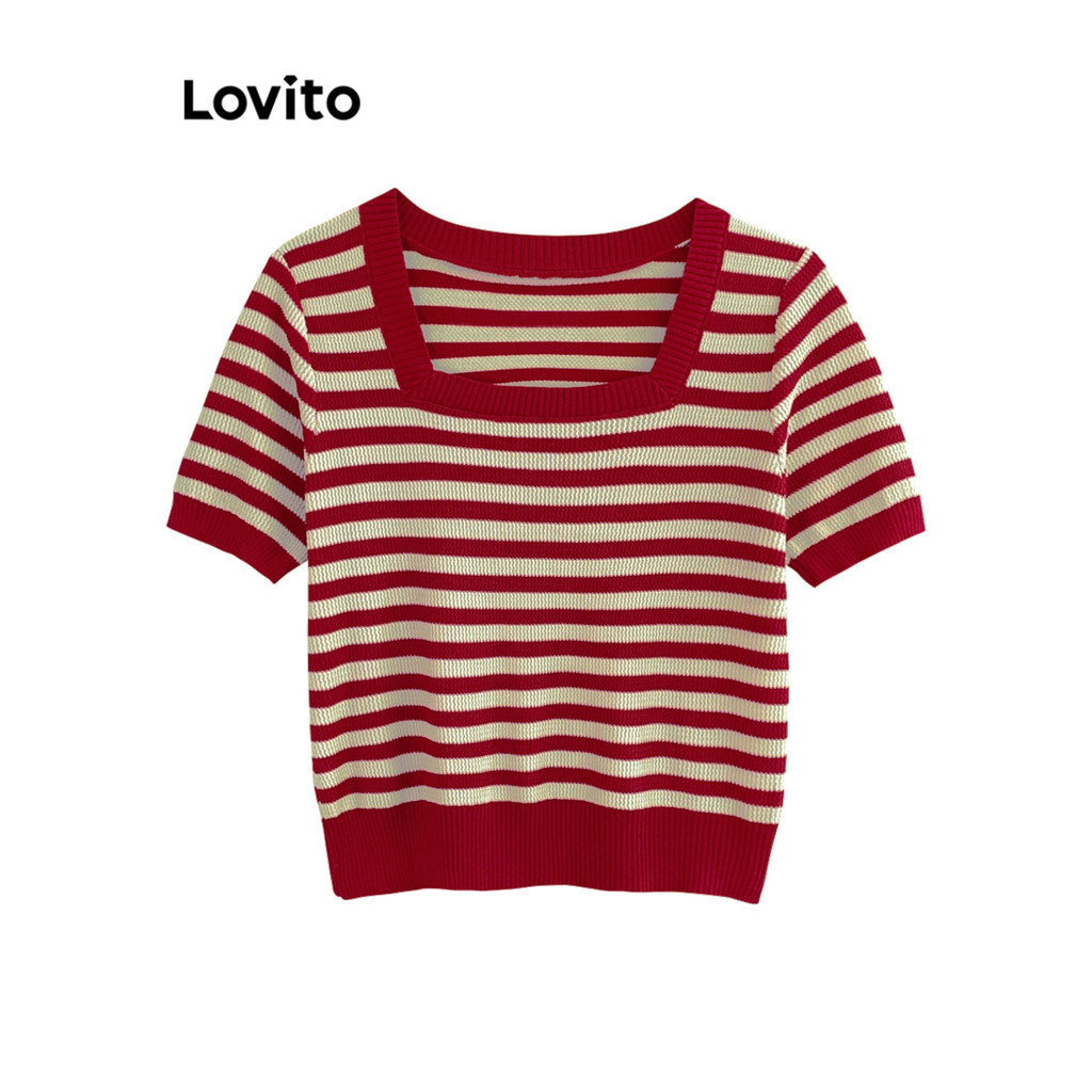 (Trendy) Lovito Top De Malha Casual Listrado Para Mulheres LNA20138 (Vermelho/Preto) - Women Clothes