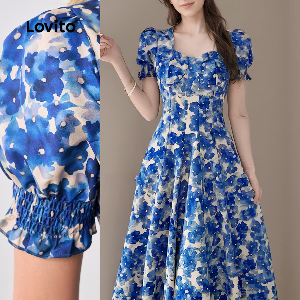 Lovito Vestido Azul Casual Com Estampa Floral E Zíper Plissado Primavera/verão Para Mulheres LBL25276 em Oferta na Shopee