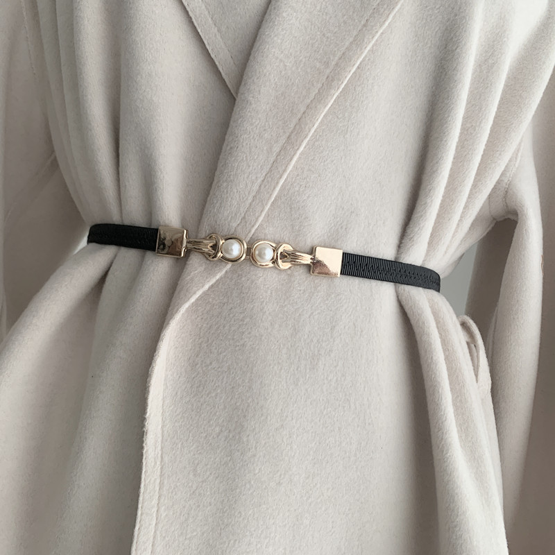 Cinto Feminino Fino Elástico Preto com Pérolas e Fivelas para Vestido e Camisa