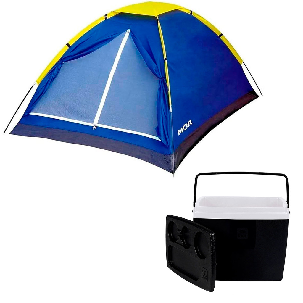 Barraca de Camping Tipo Iglu para 2Pessoas+Caixa Térmica19L 26latas Preta e Branca com Alça-Bel/Mor