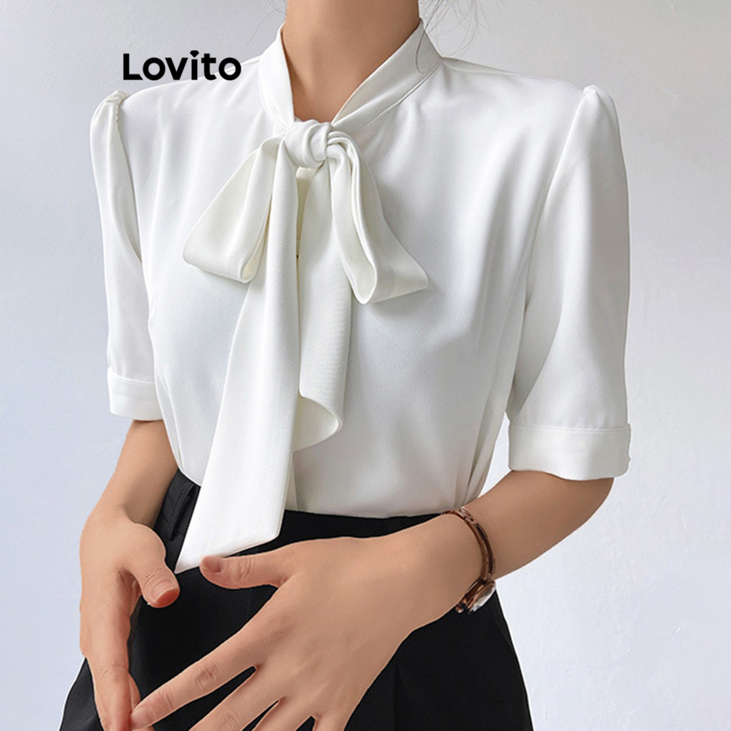Lovito Blusa frontal elegante com laço liso para mulheres LNL74284 - Women Clothes