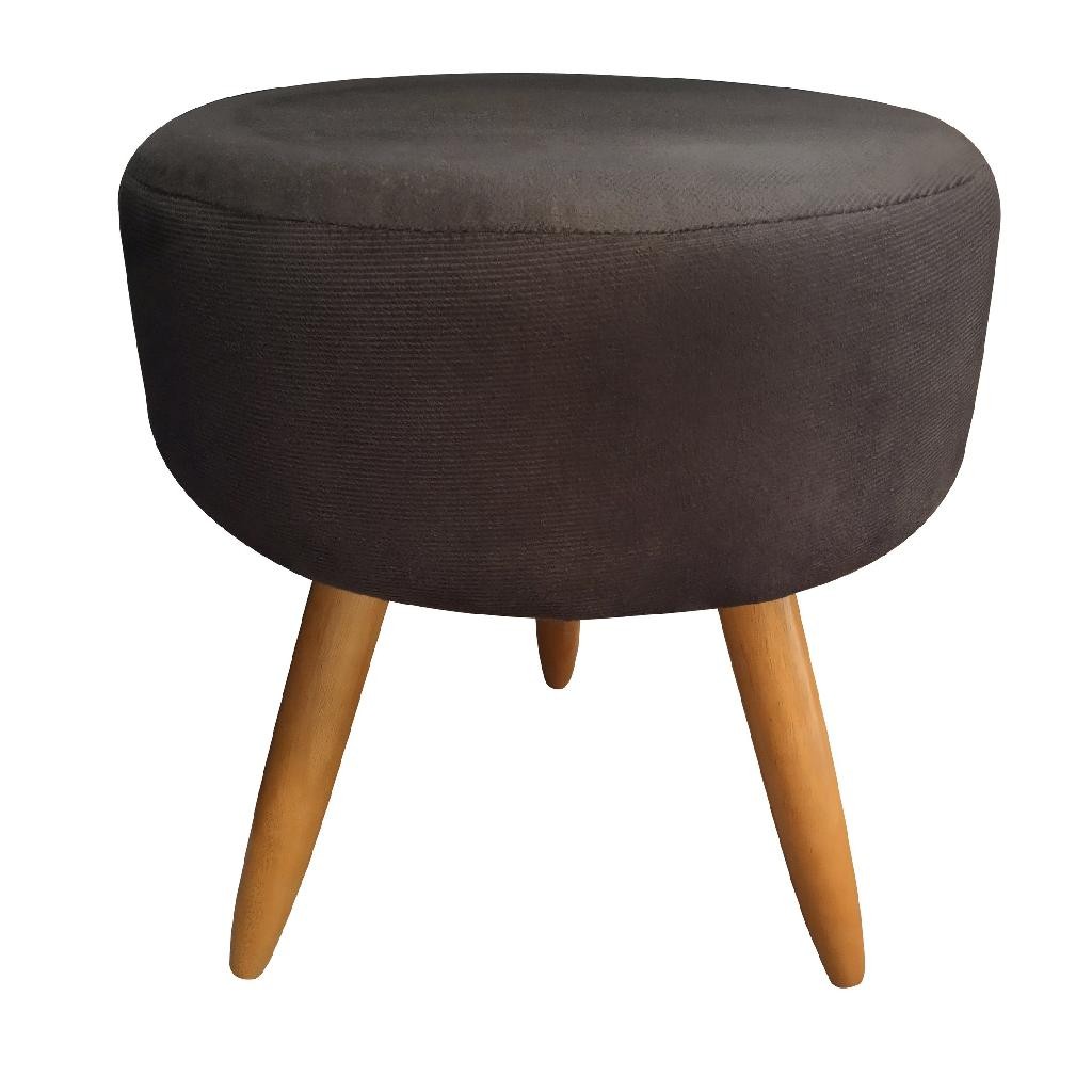Puff Puf Decorativo Lavínia Redondo Suede Marrom Pés Palito Madeira Ms Decor