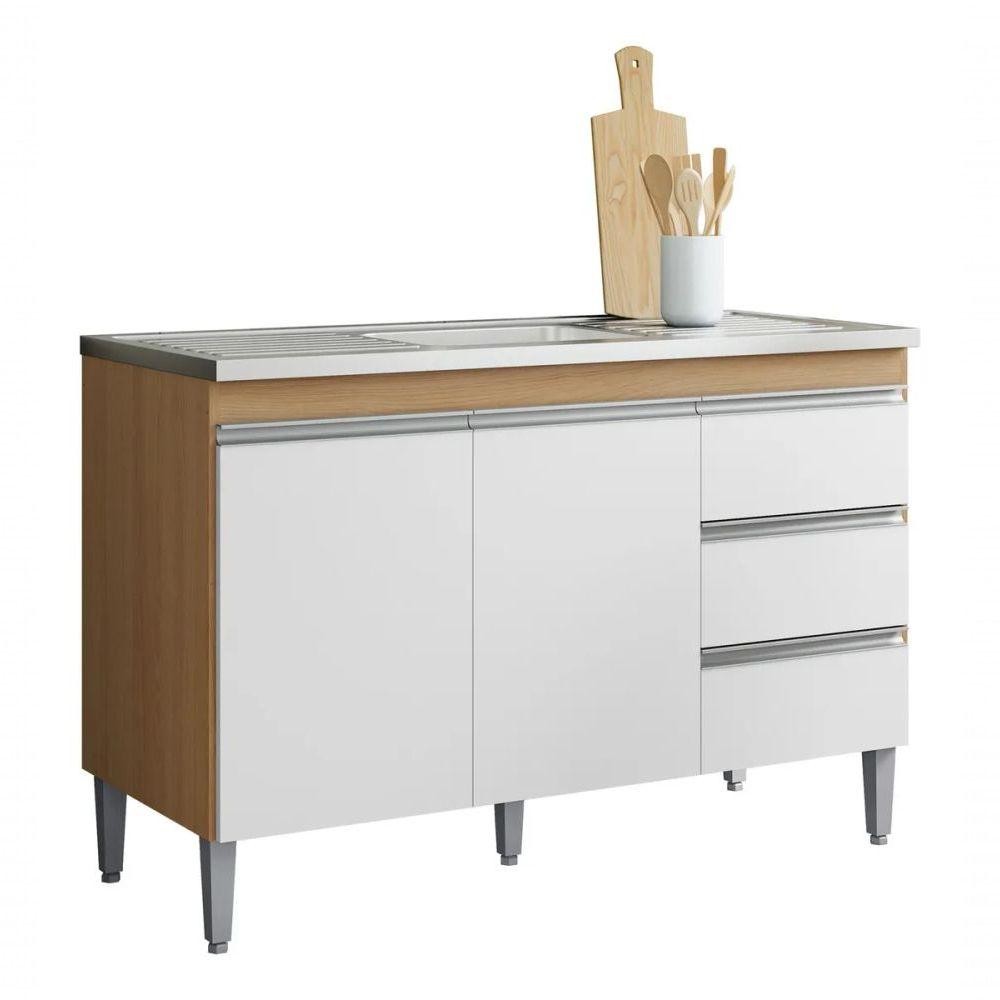Balcão De Cozinha Para Pia Andréia 120cm 2 Portas 3 Gavetas Sem Tampo Amêndoa/Branco em Oferta na Shopee