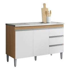 Balcão De Cozinha Para Pia Andréia 120cm 2 Portas 3 Gavetas Sem Tampo Amêndoa/Branco
