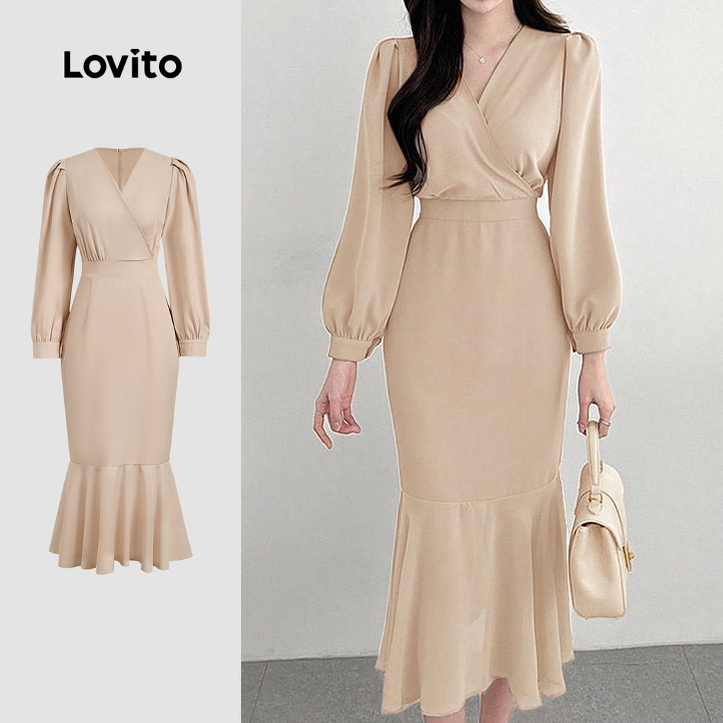 Lovito Elegante Vestido Cáqui De Outono/Inverno Com Babados E Bainha Lisa Para Mulheres LBL25230 - Women Clothes
