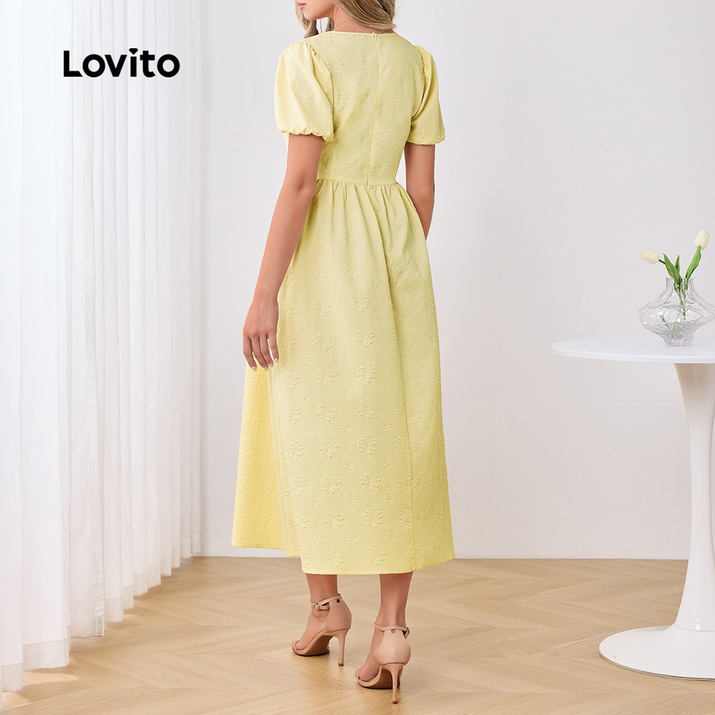 (Trendy) Lovito Vestido Casual Liso Jacquard Primavera/Verão Amarelo Para Mulheres LBL25295 - Women Clothes