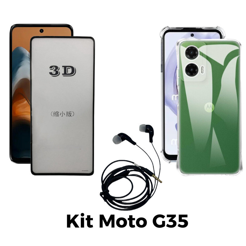 Kit Capa Transparente + Película 3D de Vidro + Fone de Ouvido para Motorola Moto