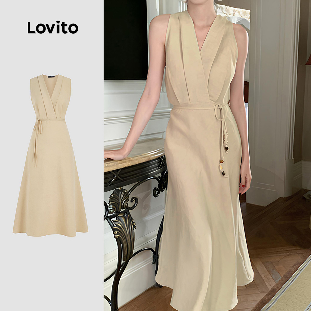 Lovito Vestido Casual liso com zíper plissado e cinto para mulheres L131LD1256 - Women Clothes
